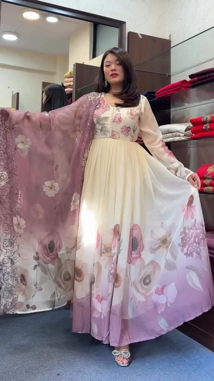 The Lady Crown – White & Light Pink Floral Digital Print Chiffon Suit Set with Embroidery & Handwork (3-Piece)