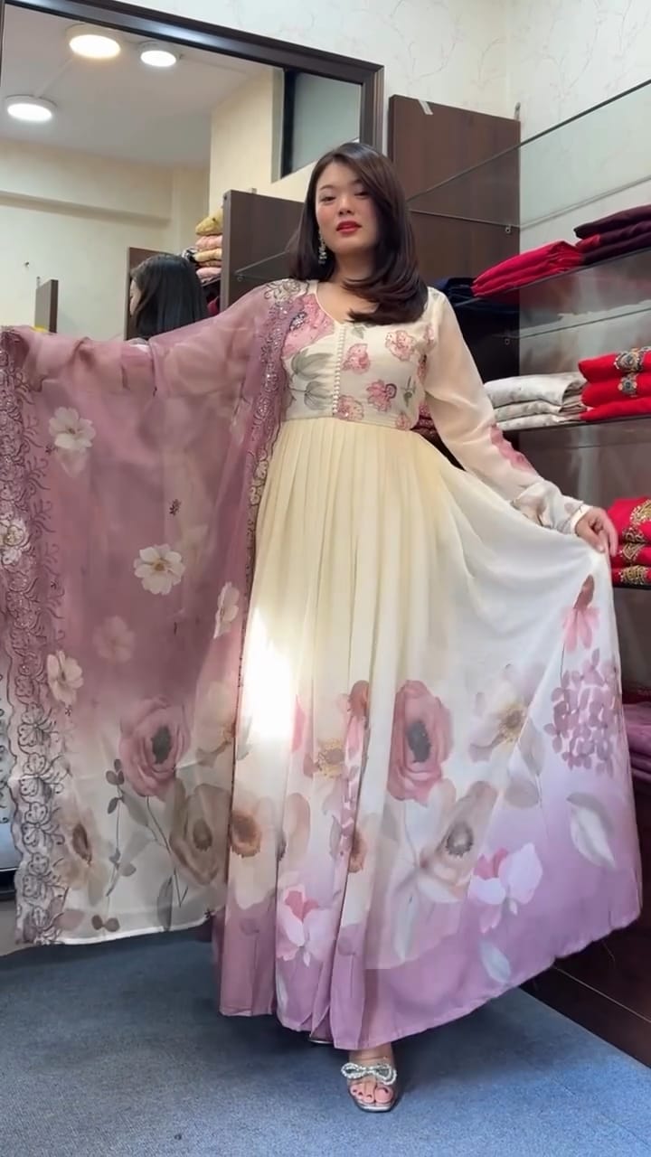 The Lady Crown – White & Light Pink Floral Digital Print Chiffon Suit Set with Embroidery & Handwork (3-Piece)