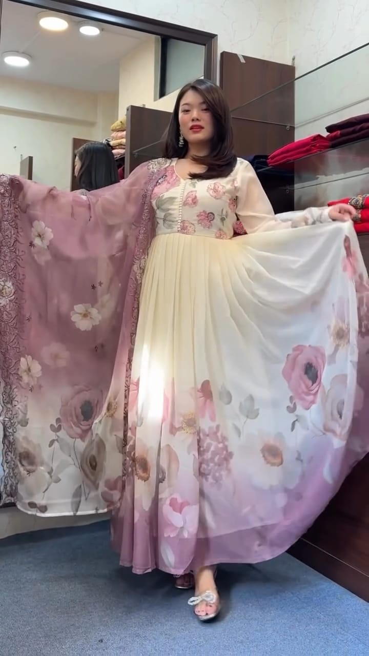 The Lady Crown – White & Light Pink Floral Digital Print Chiffon Suit Set with Embroidery & Handwork (3-Piece)