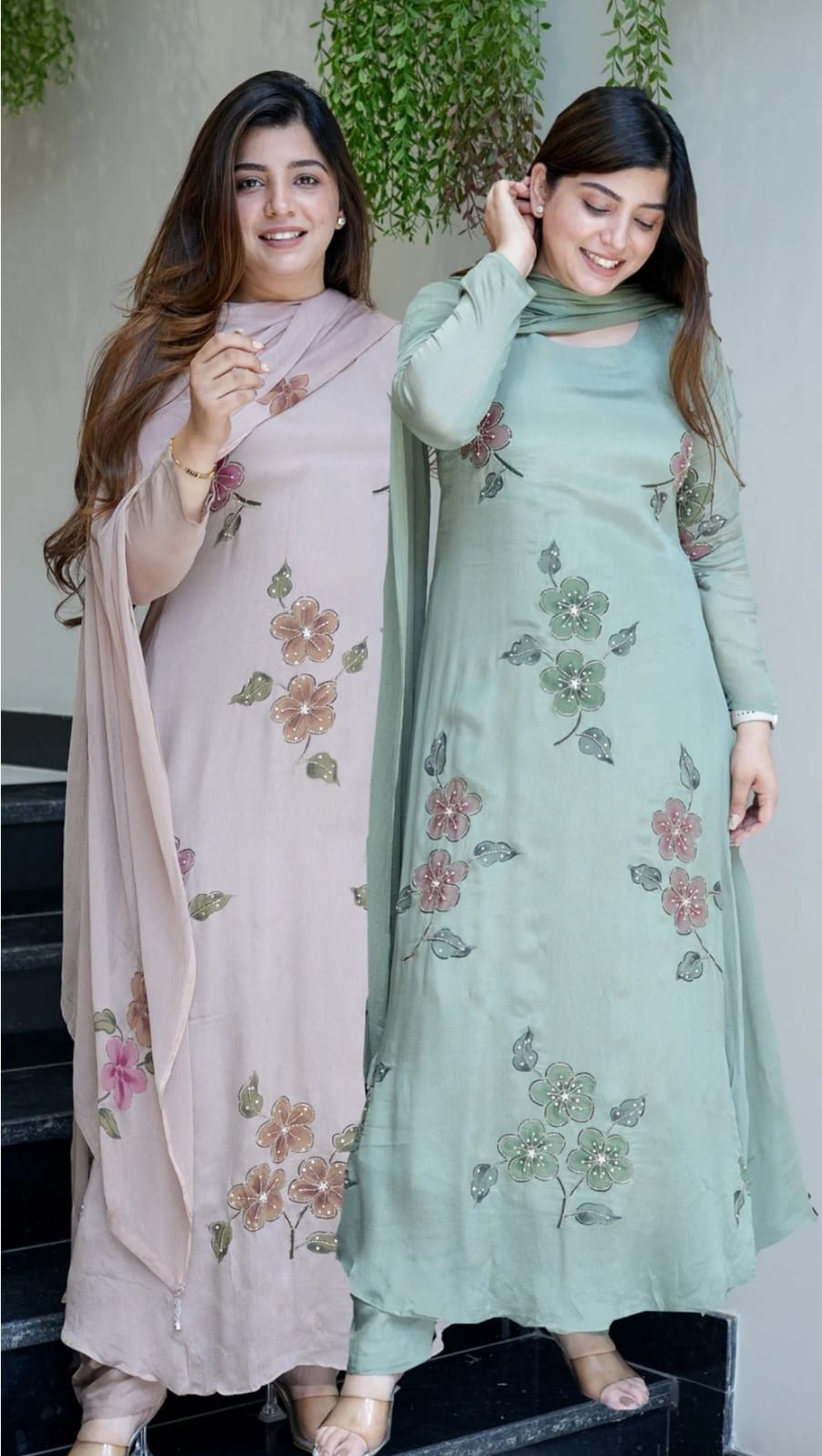 The Lady Crown – Light Pink & Light Green Chinnon Handwork & Digital Print 3-Piece Suit Set with Dupatta