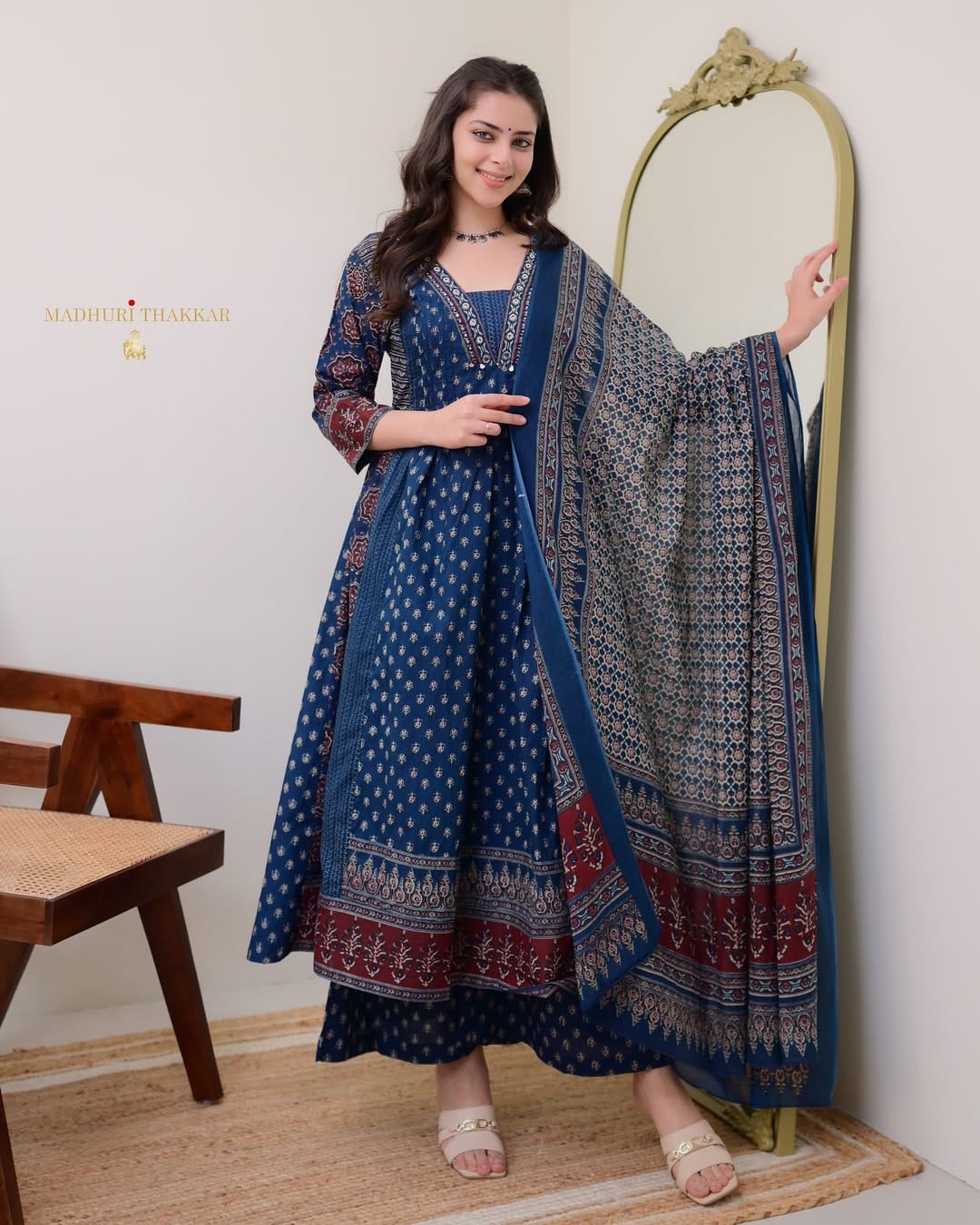 The Lady Crown – Navy Blue Mal Cotton Kurti with Plazo & Dupatta, Handwork Neck Detailing