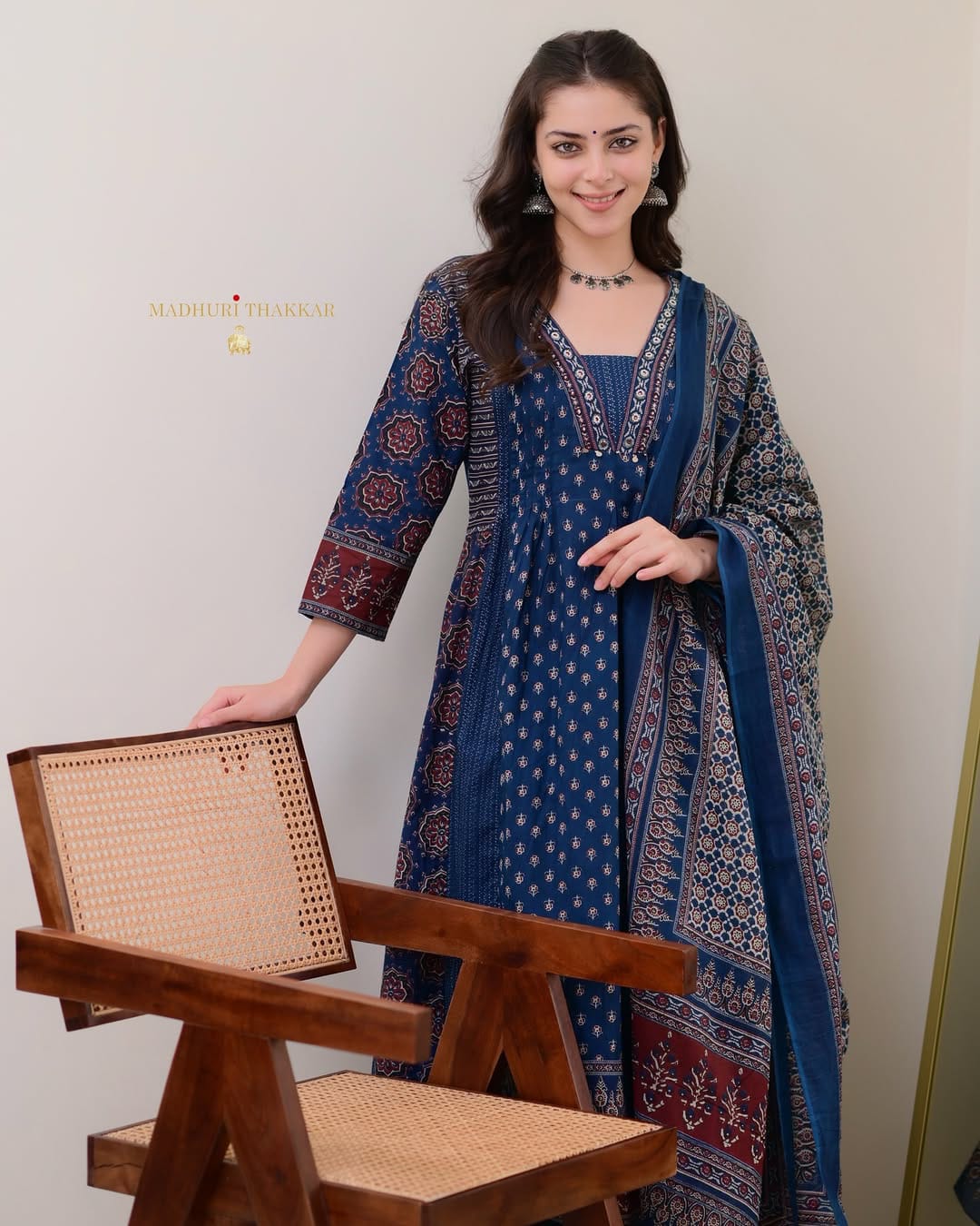 The Lady Crown – Navy Blue Mal Cotton Kurti with Plazo & Dupatta, Handwork Neck Detailing