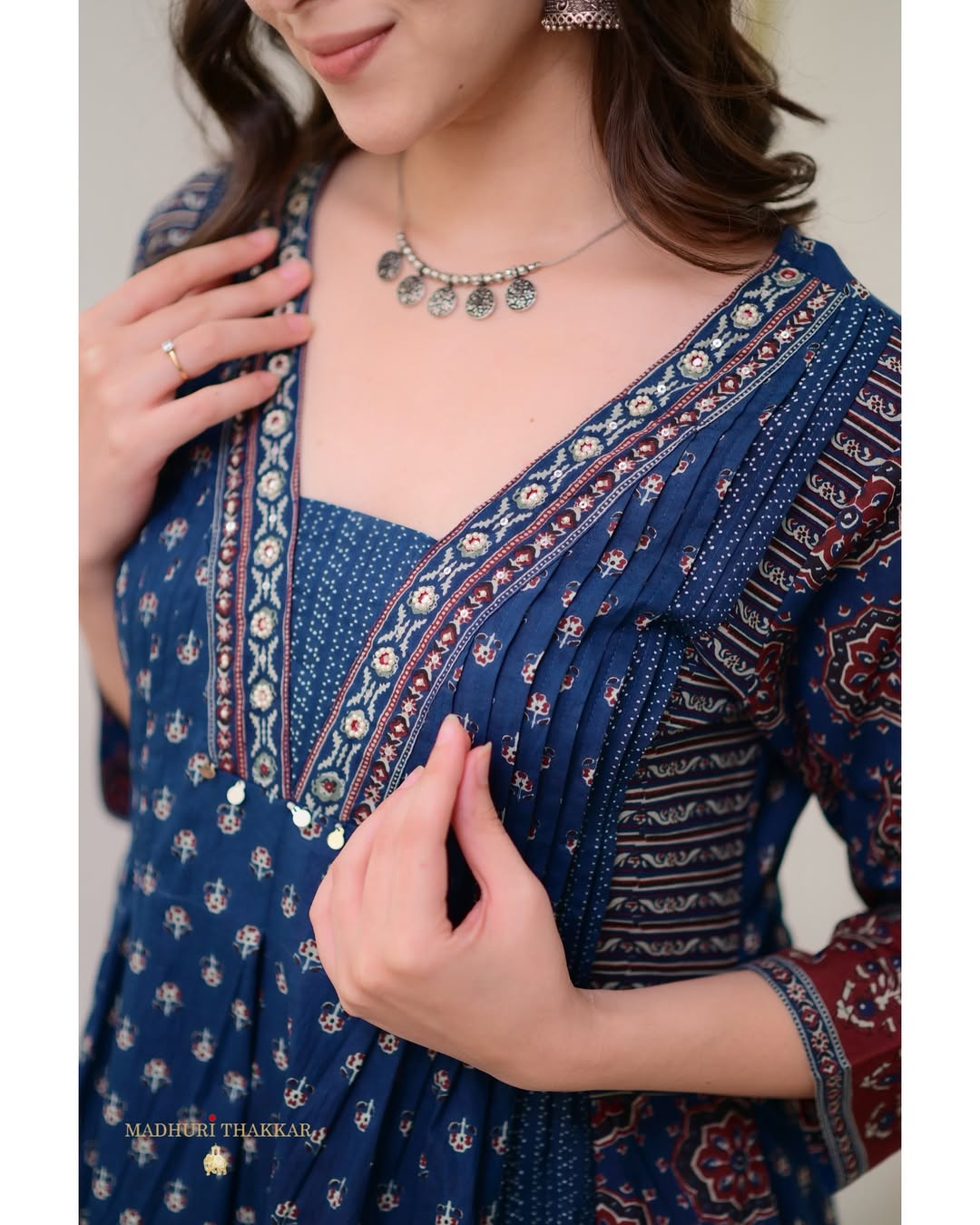 The Lady Crown – Navy Blue Mal Cotton Kurti with Plazo & Dupatta, Handwork Neck Detailing