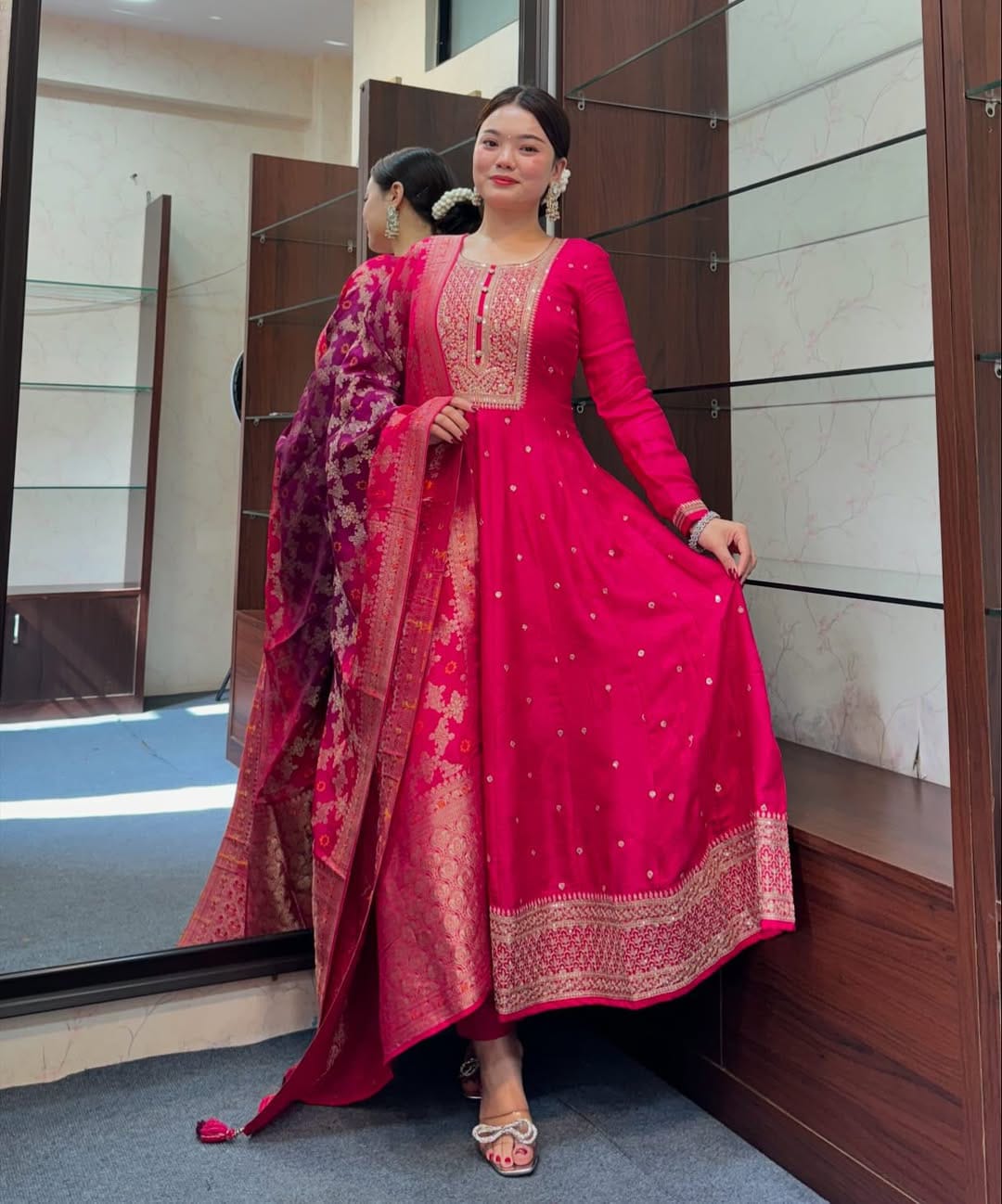 The Lady Crown – Akshara Raspberry Pink Banana Silk Anarkali Set with Banarasi Dupatta & Golden Zari Work