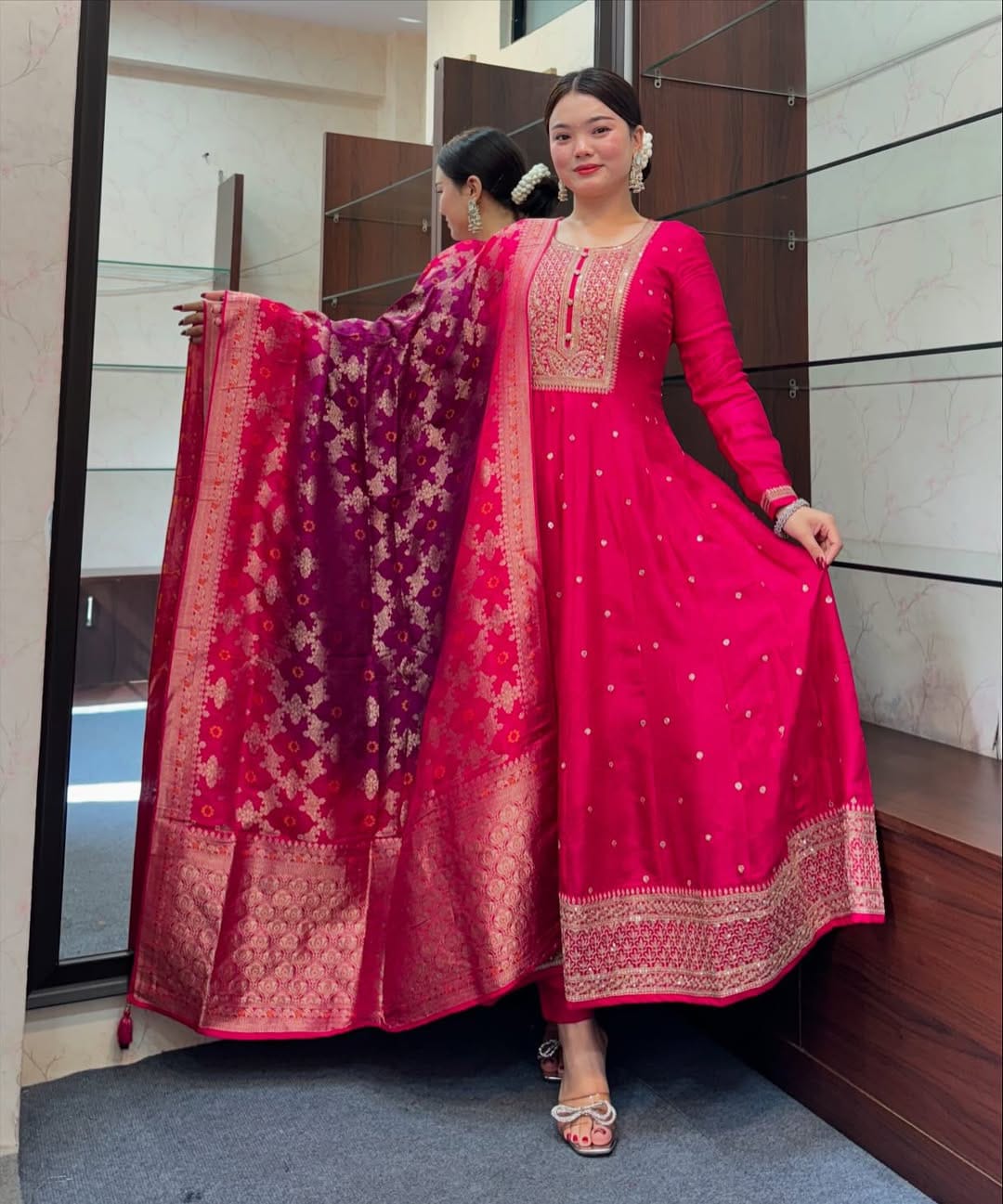 The Lady Crown – Akshara Raspberry Pink Banana Silk Anarkali Set with Banarasi Dupatta & Golden Zari Work