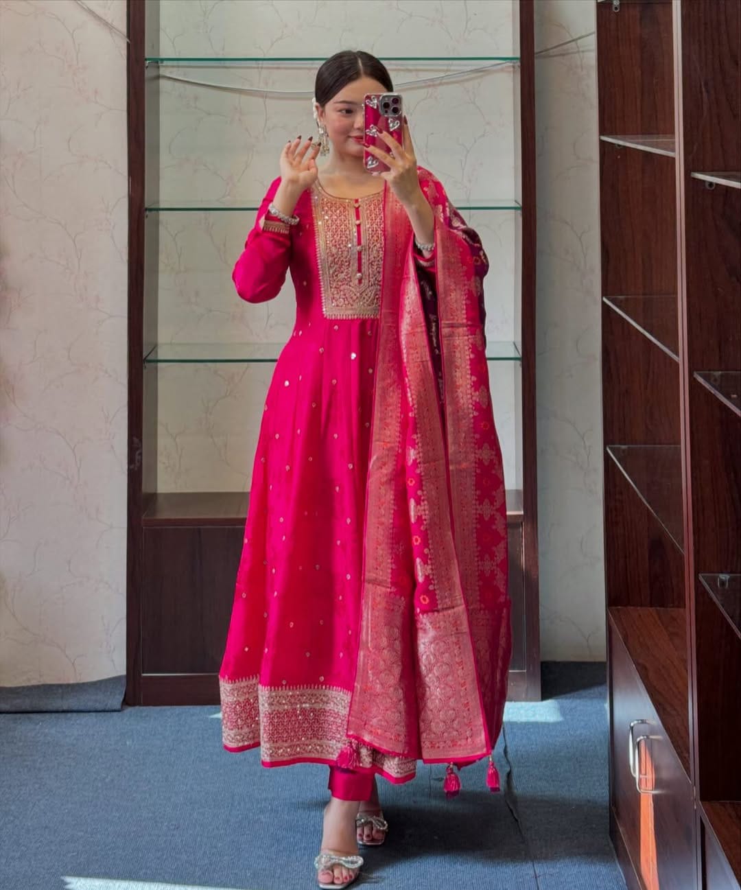 The Lady Crown – Akshara Raspberry Pink Banana Silk Anarkali Set with Banarasi Dupatta & Golden Zari Work