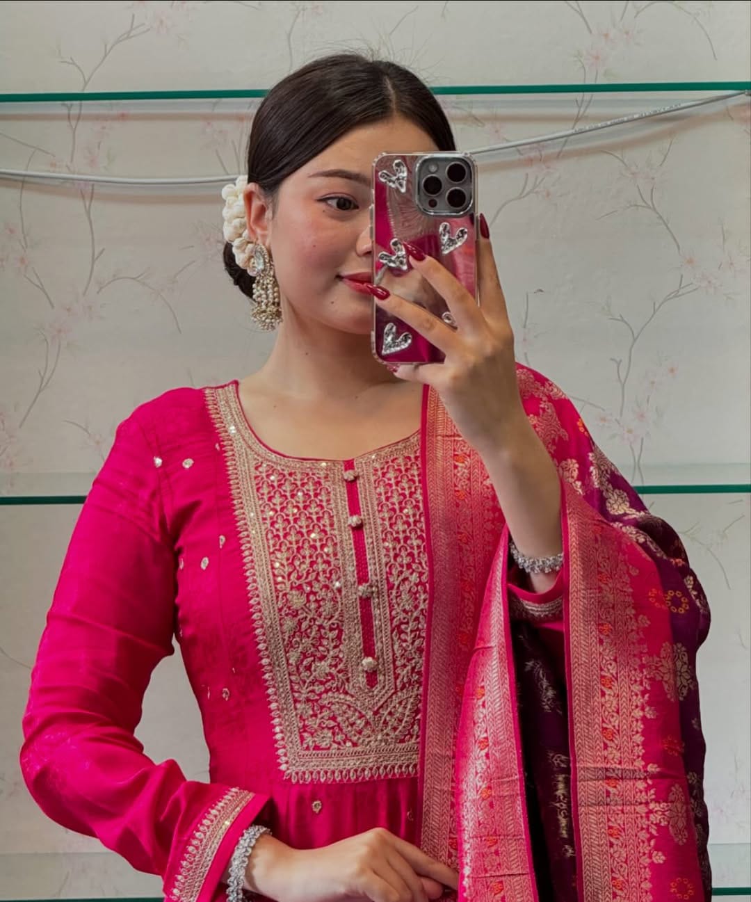 The Lady Crown – Akshara Raspberry Pink Banana Silk Anarkali Set with Banarasi Dupatta & Golden Zari Work