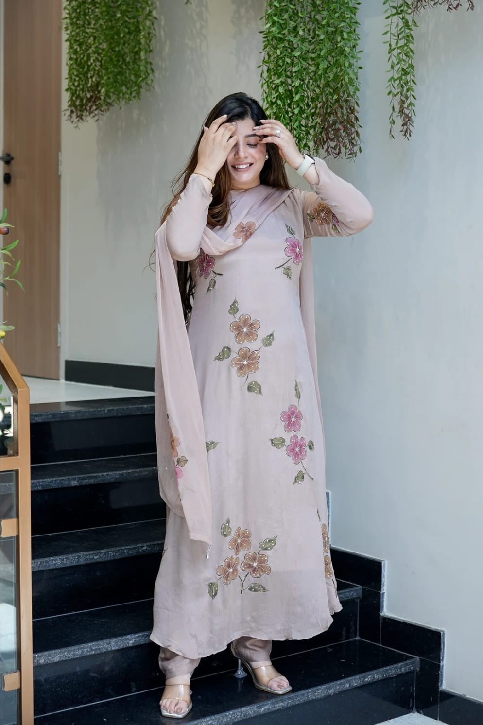 The Lady Crown – Light Pink & Light Green Chinnon Handwork & Digital Print 3-Piece Suit Set with Dupatta