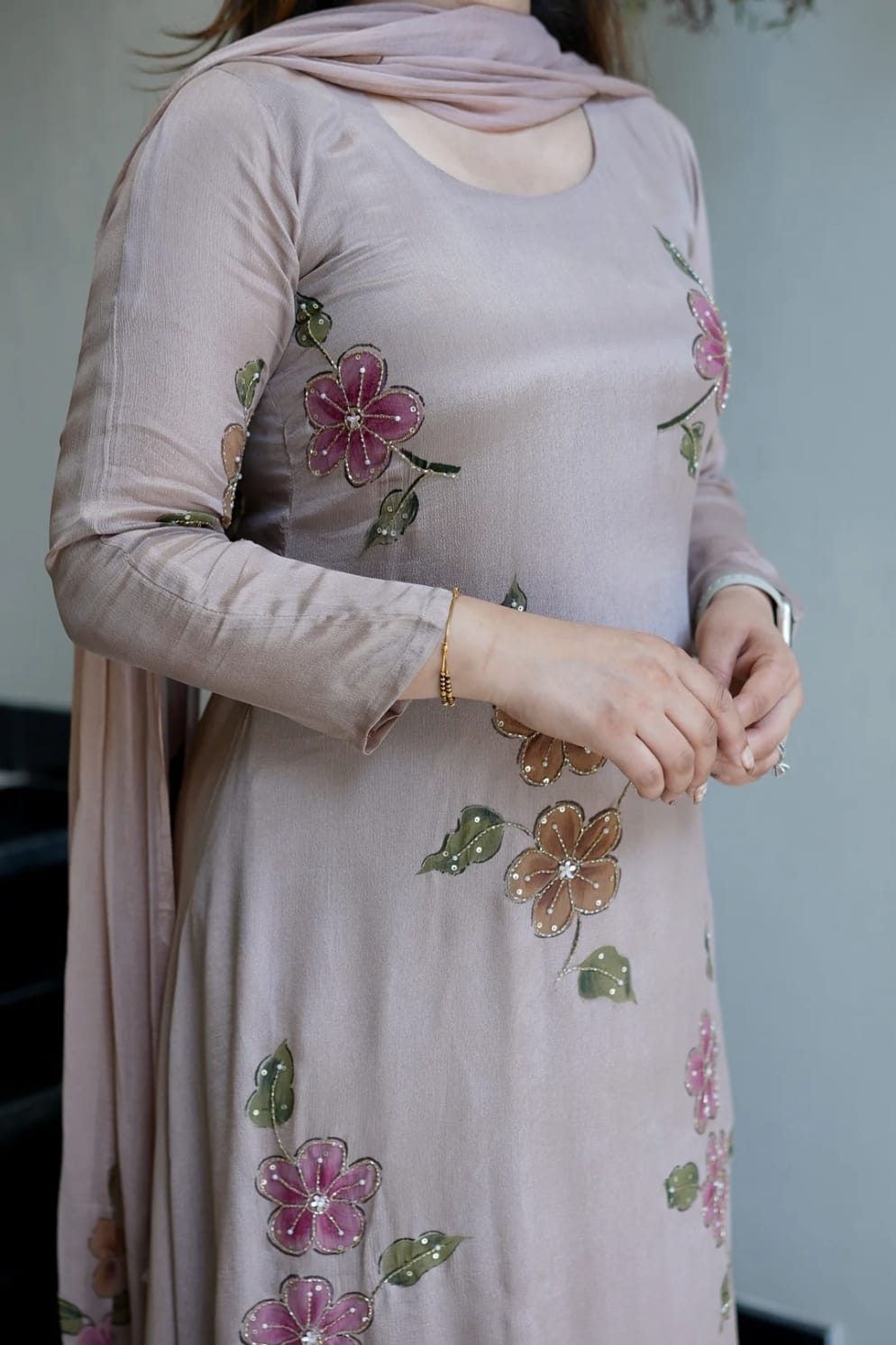The Lady Crown – Light Pink & Light Green Chinnon Handwork & Digital Print 3-Piece Suit Set with Dupatta