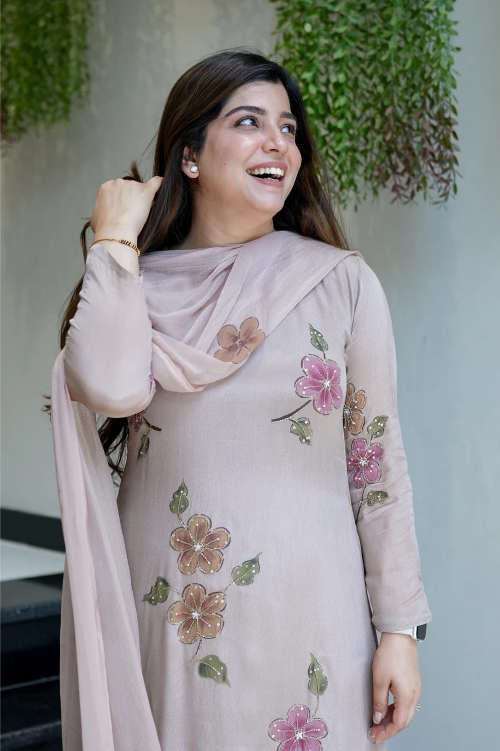 The Lady Crown – Light Pink & Light Green Chinnon Handwork & Digital Print 3-Piece Suit Set with Dupatta