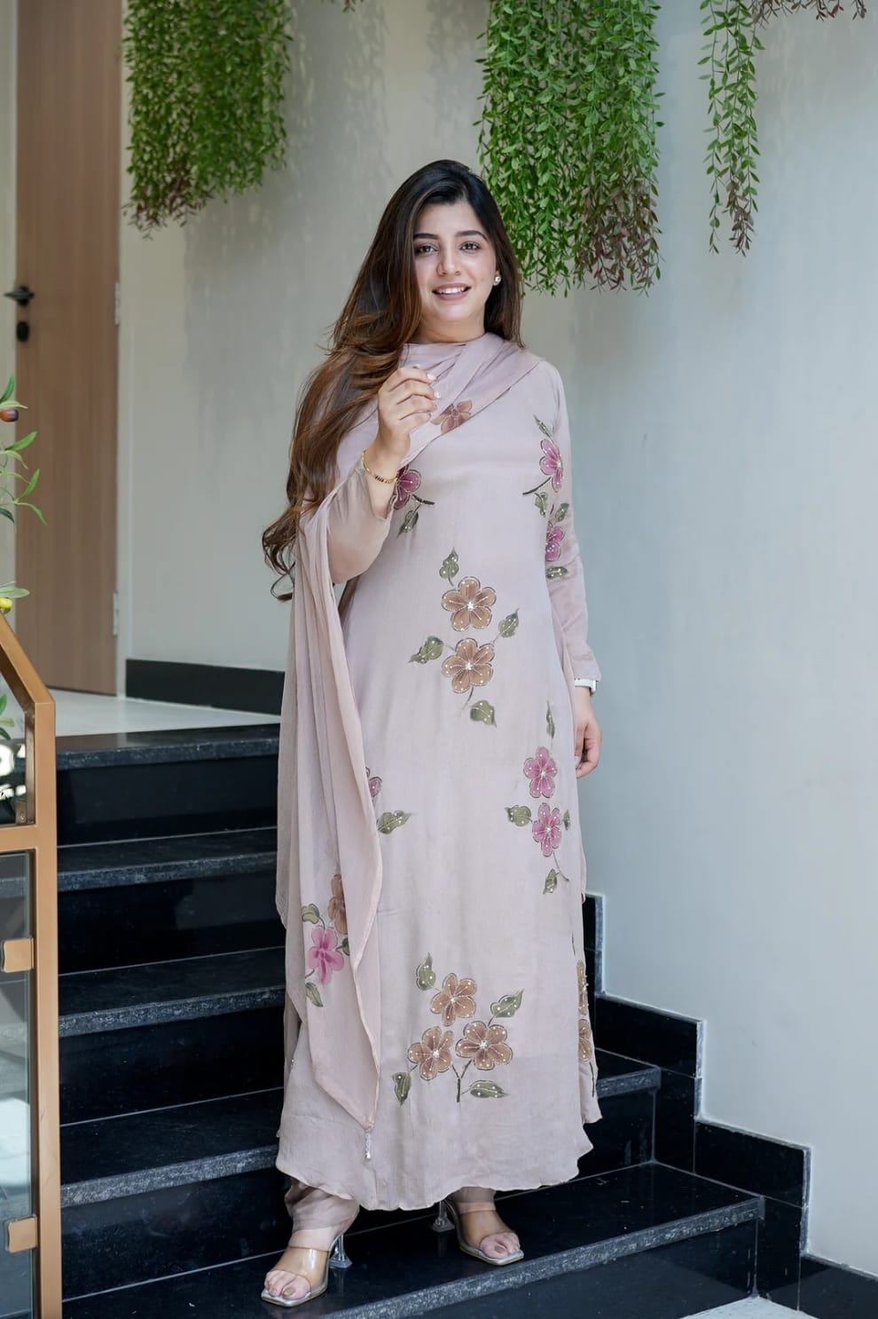 The Lady Crown – Light Pink & Light Green Chinnon Handwork & Digital Print 3-Piece Suit Set with Dupatta