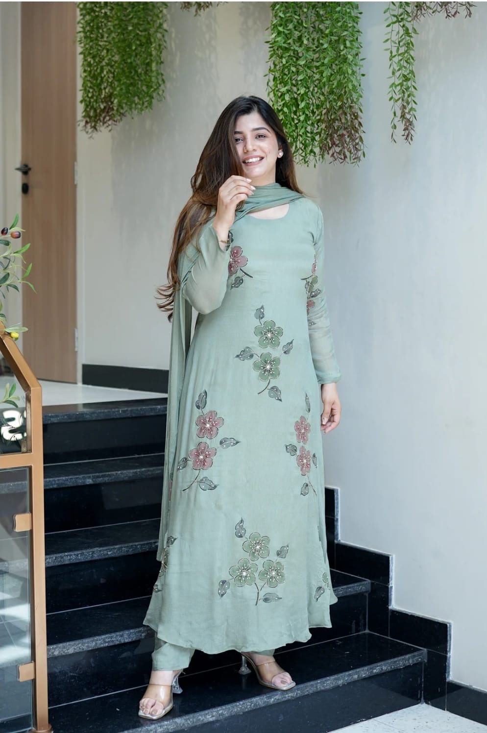 The Lady Crown – Light Pink & Light Green Chinnon Handwork & Digital Print 3-Piece Suit Set with Dupatta