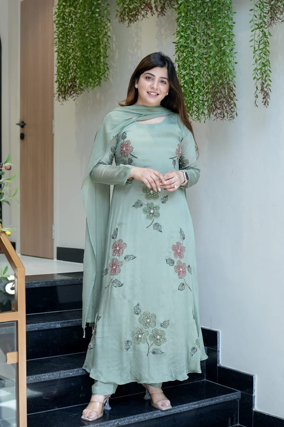The Lady Crown – Light Pink & Light Green Chinnon Handwork & Digital Print 3-Piece Suit Set with Dupatta