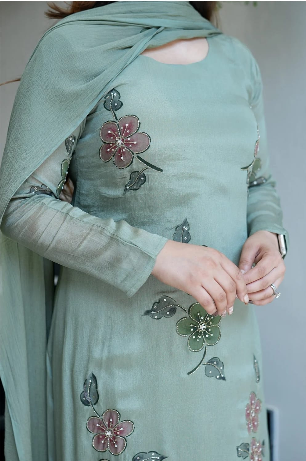 The Lady Crown – Light Pink & Light Green Chinnon Handwork & Digital Print 3-Piece Suit Set with Dupatta