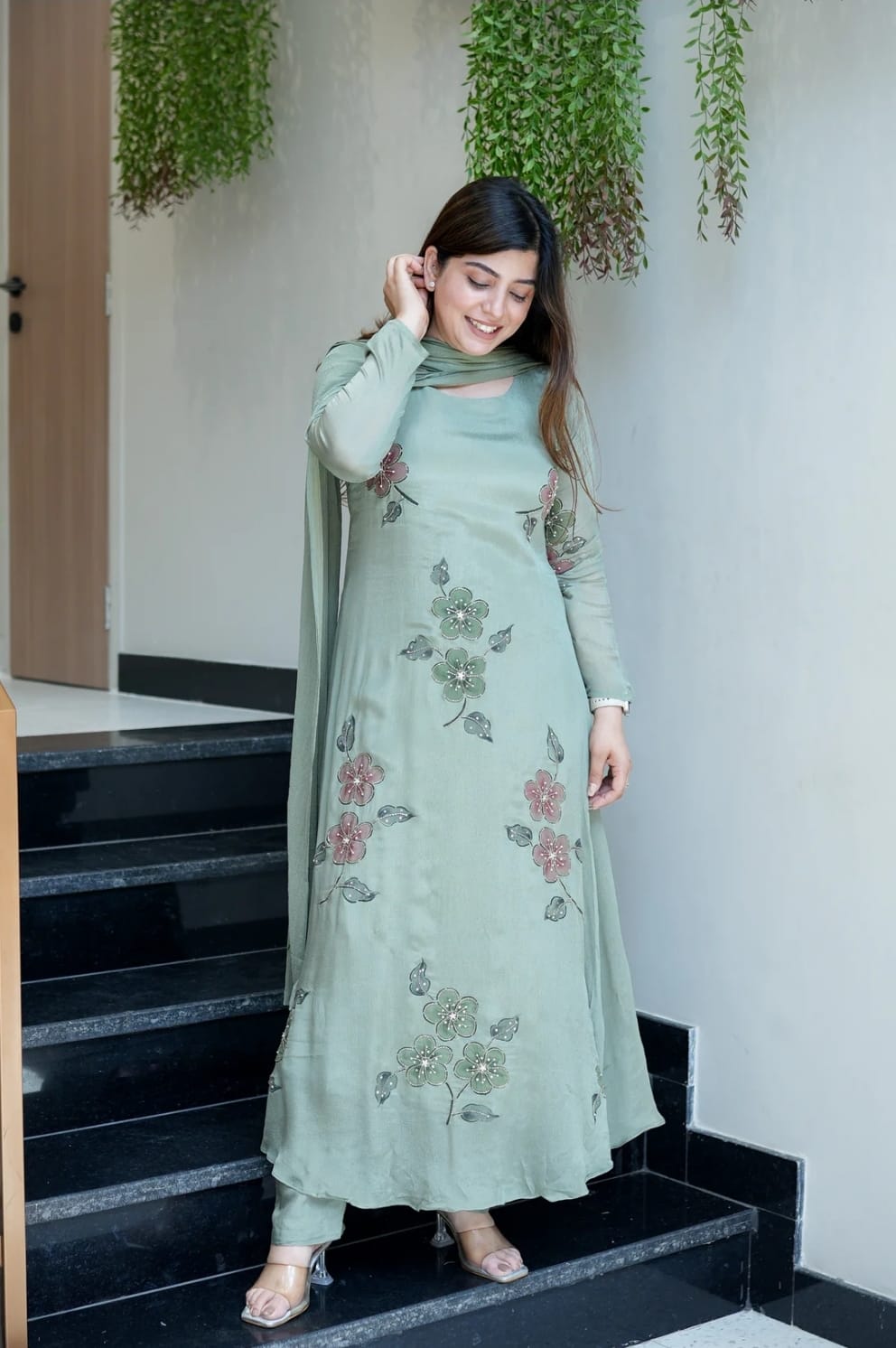 The Lady Crown – Light Pink & Light Green Chinnon Handwork & Digital Print 3-Piece Suit Set with Dupatta