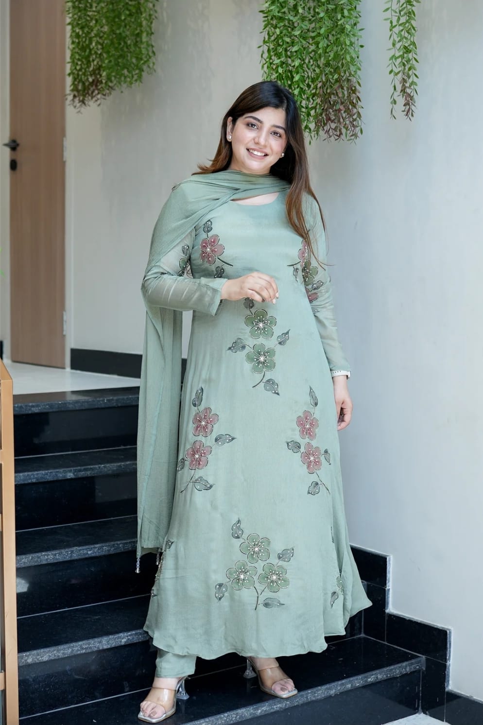 The Lady Crown – Light Pink & Light Green Chinnon Handwork & Digital Print 3-Piece Suit Set with Dupatta