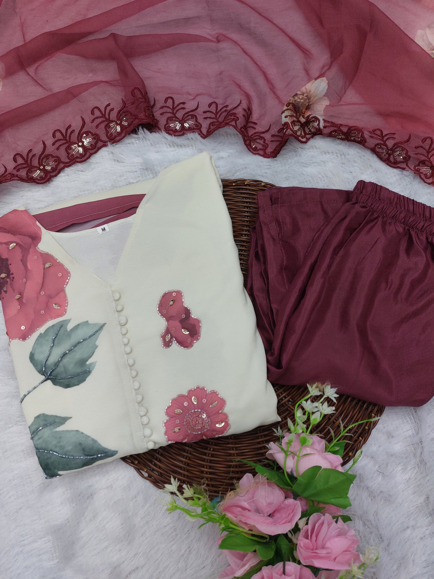 The Lady Crown – White Floral Print Chiffon 3-Piece Suit Set with Embroidery & Handwork