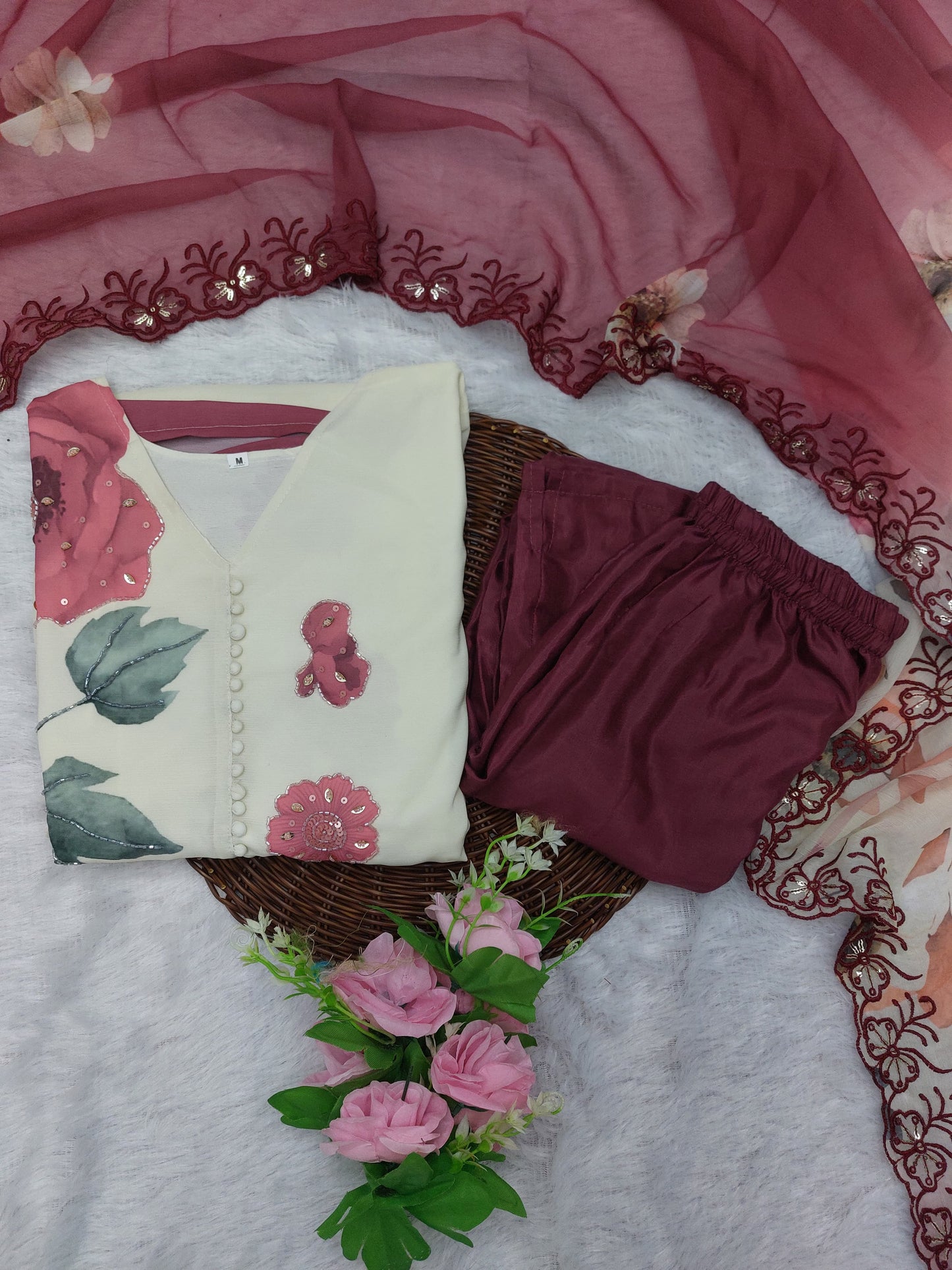 The Lady Crown – White Floral Print Chiffon 3-Piece Suit Set with Embroidery & Handwork