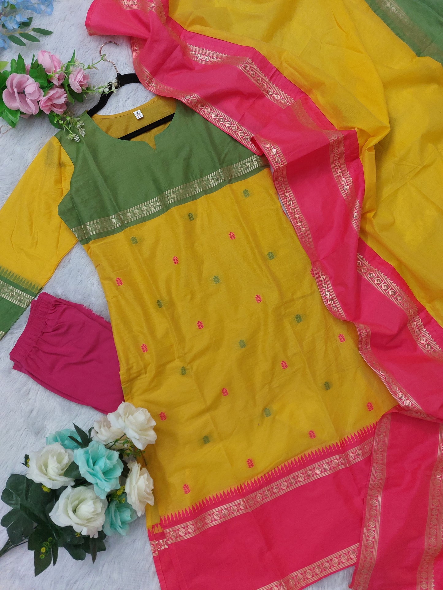 The Lady Crown – Yellow & Green Varanika/Kasturi Premium Kanchi Cotton Suit Set with Jacquard Dupatta & Zari Weaving