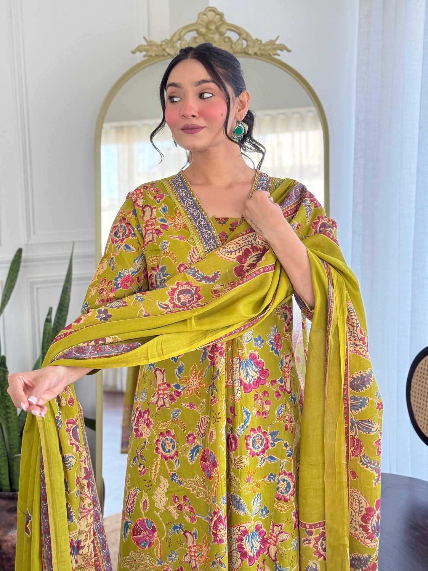 The Lady Crown – Yellow Cotton Hand Block Printed Pant Set with Embroidery & Dupatta (A-Line, Summer Wear)