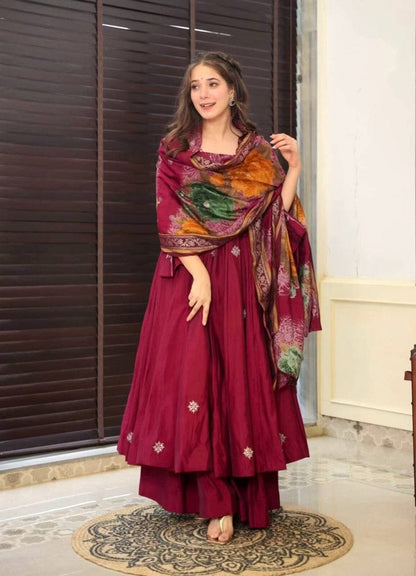 The Lady Crown – Premium Roman Silk Maroon Suit Set with All-Over Embroidery & Printed Dupatta (3-Piece)