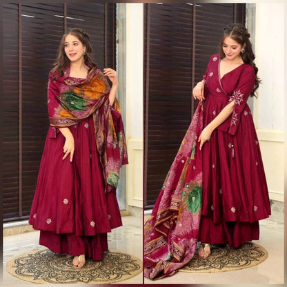 The Lady Crown – Premium Roman Silk Maroon Suit Set with All-Over Embroidery & Printed Dupatta (3-Piece)