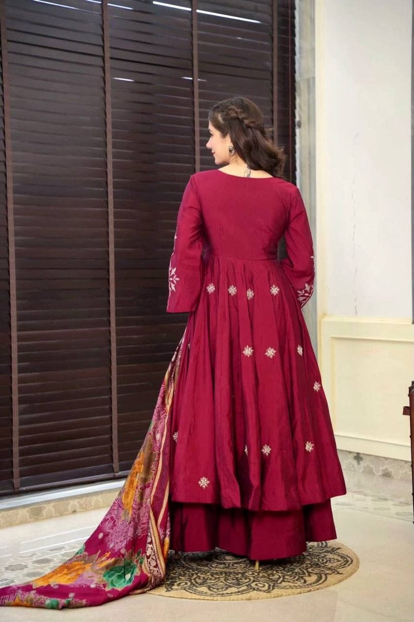 The Lady Crown – Premium Roman Silk Maroon Suit Set with All-Over Embroidery & Printed Dupatta (3-Piece)