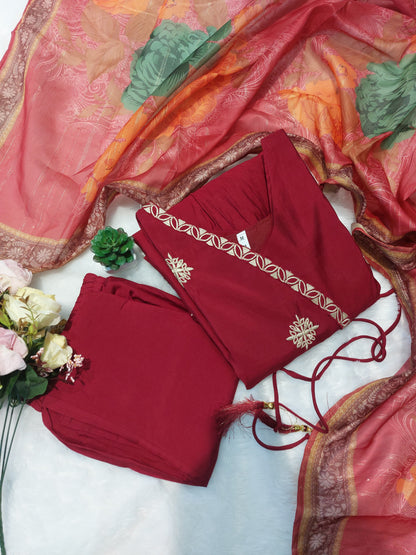 The Lady Crown – Premium Roman Silk Maroon Suit Set with All-Over Embroidery & Printed Dupatta (3-Piece)