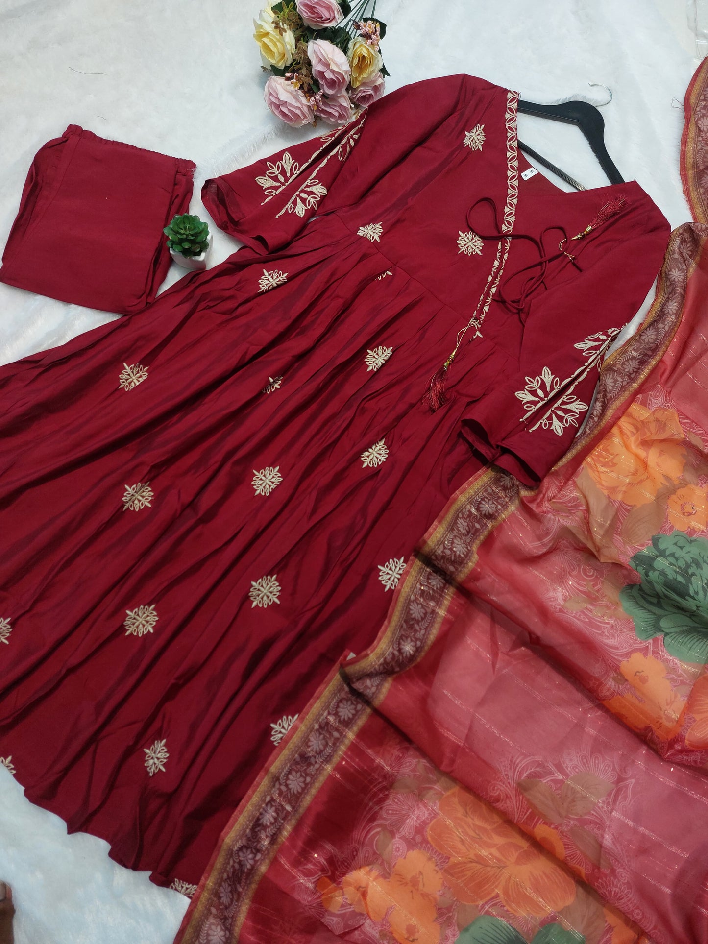 The Lady Crown – Premium Roman Silk Maroon Suit Set with All-Over Embroidery & Printed Dupatta (3-Piece)