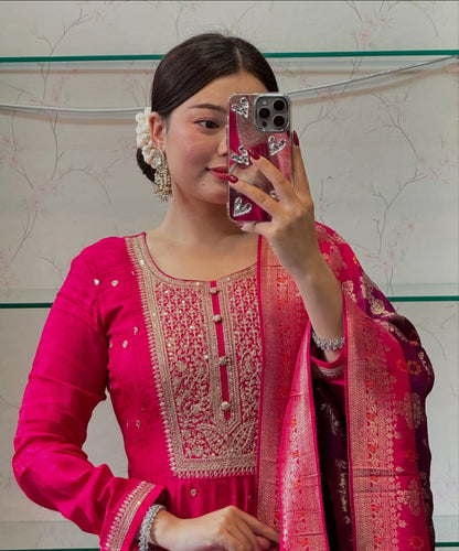 The Lady Crown – Akshara Raspberry Pink Banana Silk Anarkali Set with Banarasi Dupatta & Golden Zari Work