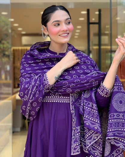 The Lady Crown – Padmavati Dark Purple Pure Muslin Silk Festival Suit Set with Dupatta & Pearl Necklace