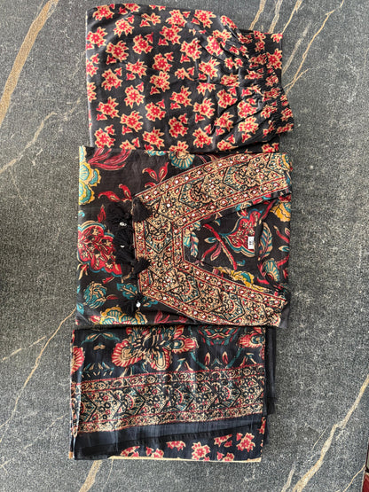 The Lady Crown – Black Floral Pure Cotton 3-Piece Suit Set with Handwork & Mulmul Dupatta
