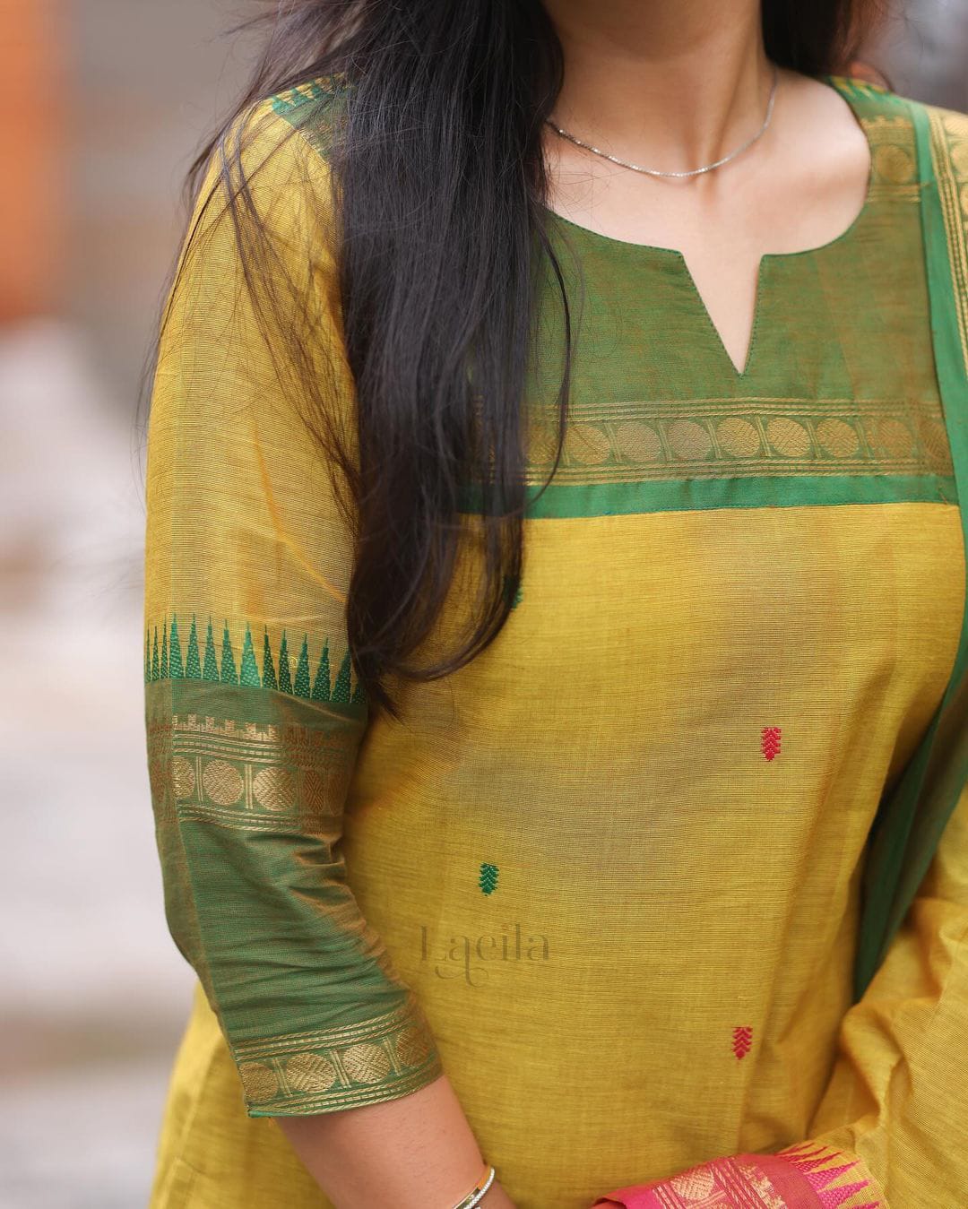The Lady Crown – Yellow & Green Varanika/Kasturi Premium Kanchi Cotton Suit Set with Jacquard Dupatta & Zari Weaving