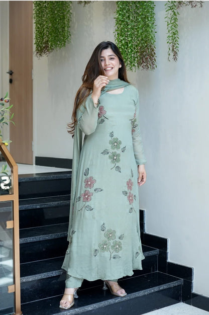 The Lady Crown – Light Pink & Light Green Chinnon Handwork & Digital Print 3-Piece Suit Set with Dupatta