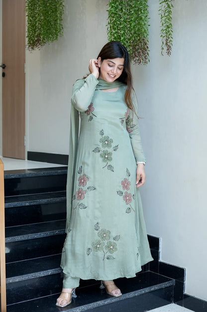The Lady Crown – Light Pink & Light Green Chinnon Handwork & Digital Print 3-Piece Suit Set with Dupatta