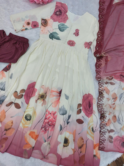 The Lady Crown – White Floral Print Chiffon 3-Piece Suit Set with Embroidery & Handwork