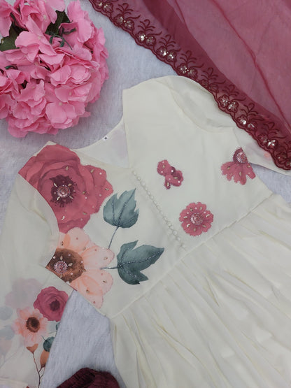 The Lady Crown – White Floral Print Chiffon 3-Piece Suit Set with Embroidery & Handwork