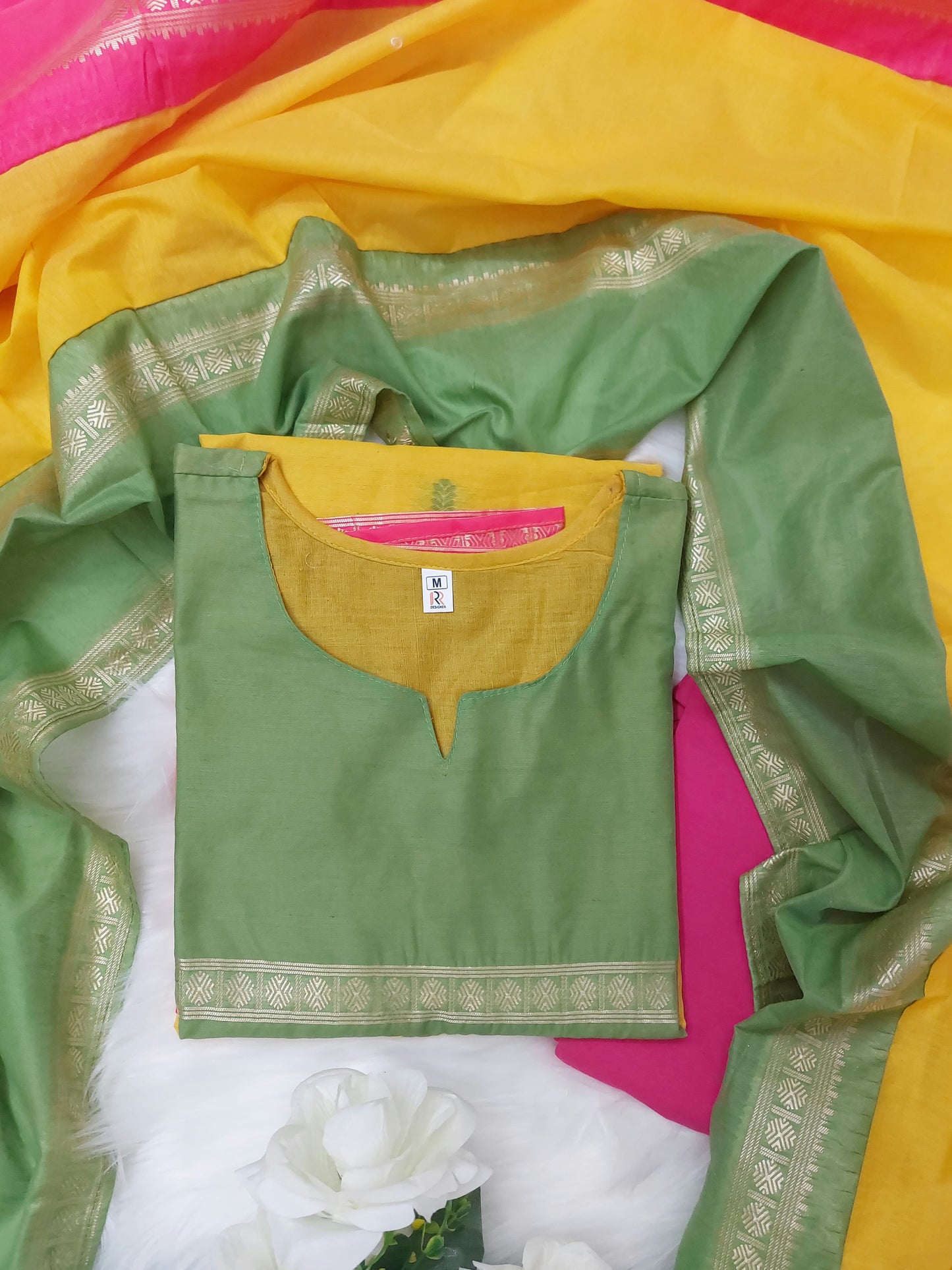 The Lady Crown – Yellow & Green Varanika/Kasturi Premium Kanchi Cotton Suit Set with Jacquard Dupatta & Zari Weaving