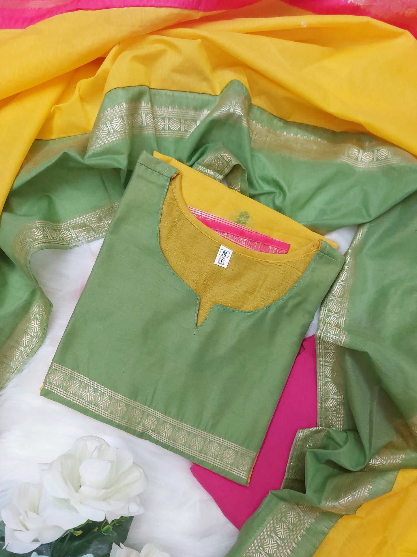 The Lady Crown – Yellow & Green Varanika/Kasturi Premium Kanchi Cotton Suit Set with Jacquard Dupatta & Zari Weaving