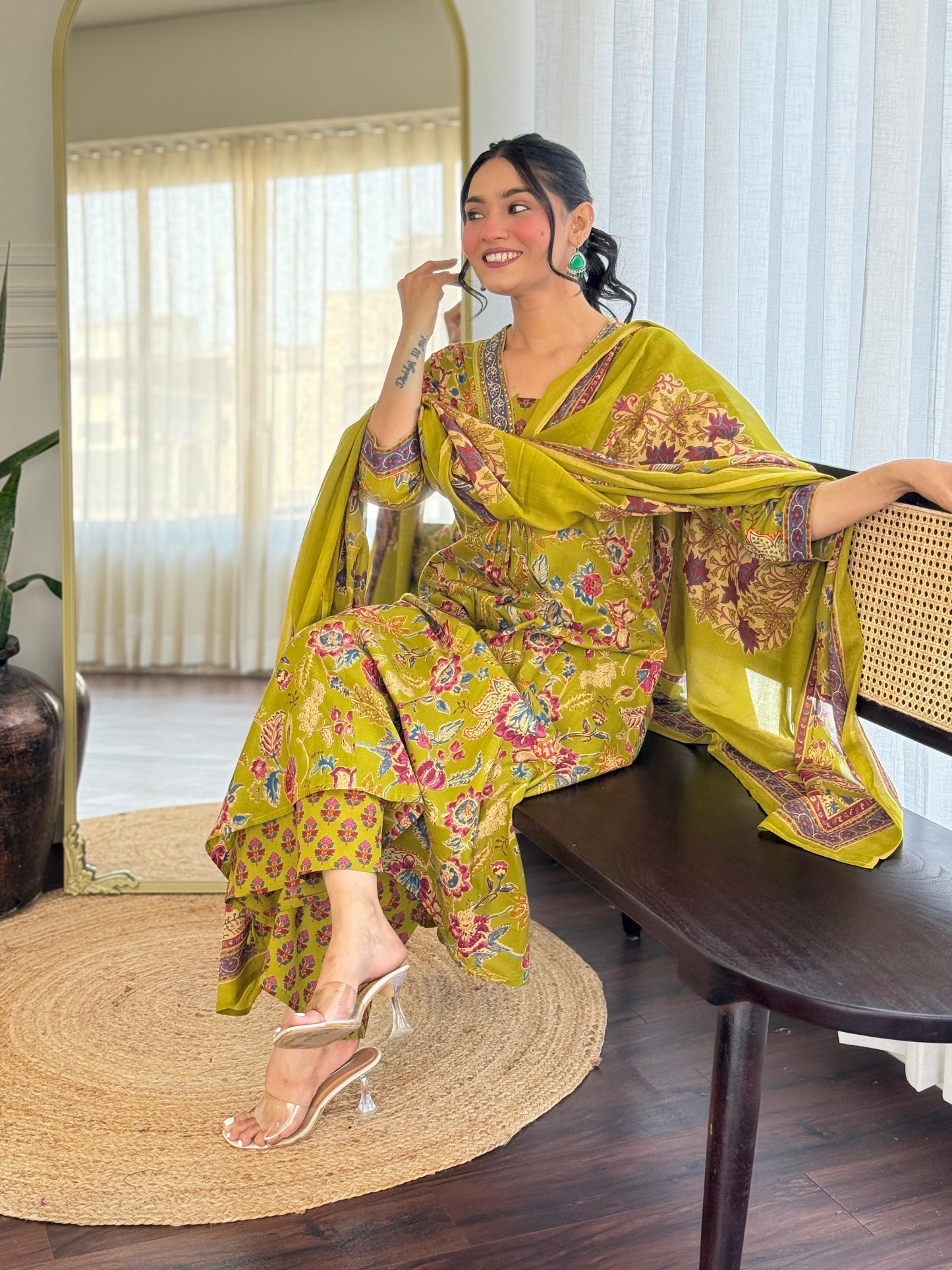 The Lady Crown – Yellow Cotton Hand Block Printed Pant Set with Embroidery & Dupatta (A-Line, Summer Wear)