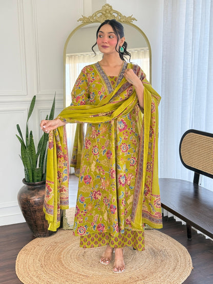 The Lady Crown – Yellow Cotton Hand Block Printed Pant Set with Embroidery & Dupatta (A-Line, Summer Wear)