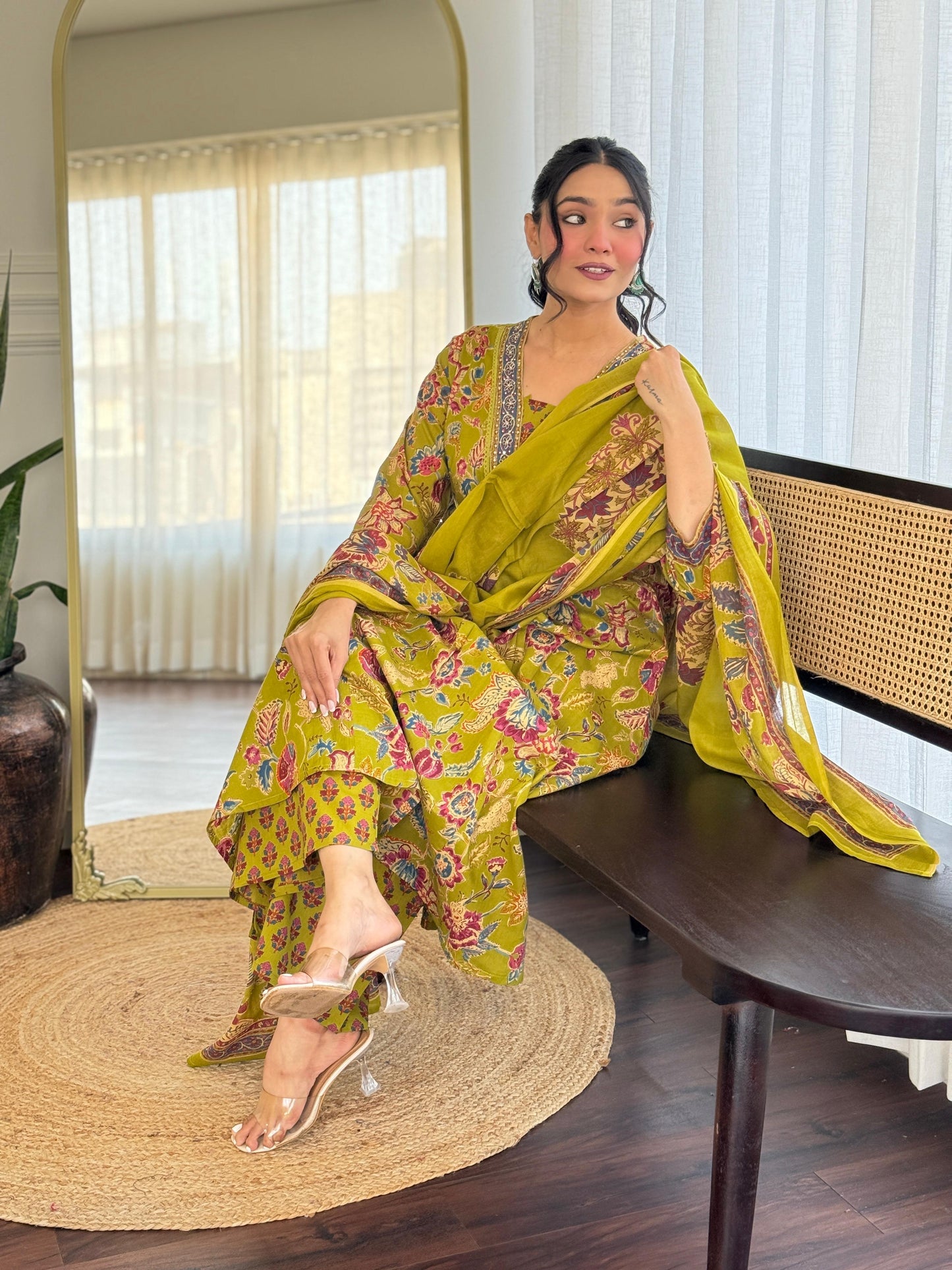 The Lady Crown – Yellow Cotton Hand Block Printed Pant Set with Embroidery & Dupatta (A-Line, Summer Wear)