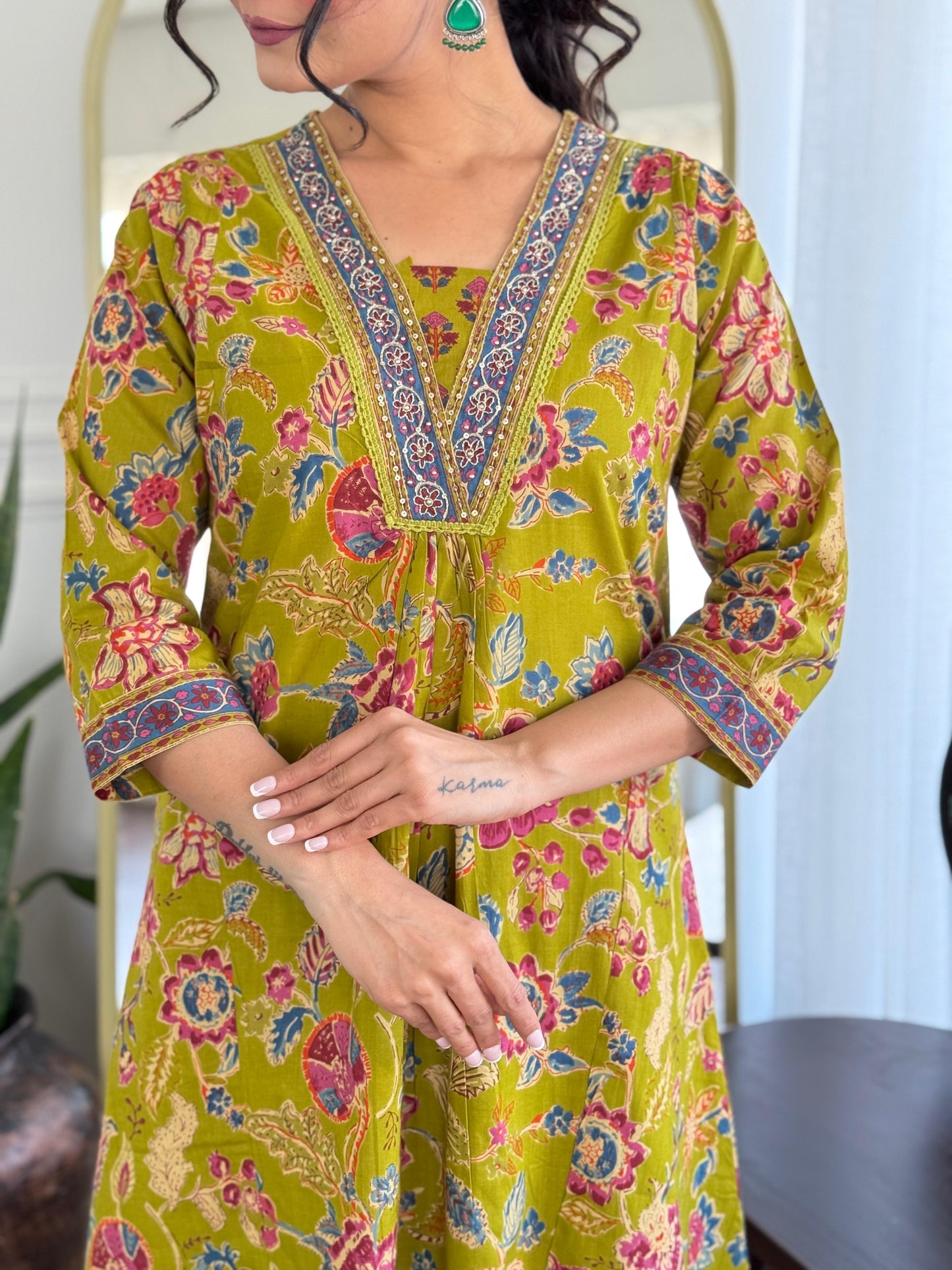 The Lady Crown – Yellow Cotton Hand Block Printed Pant Set with Embroidery & Dupatta (A-Line, Summer Wear)