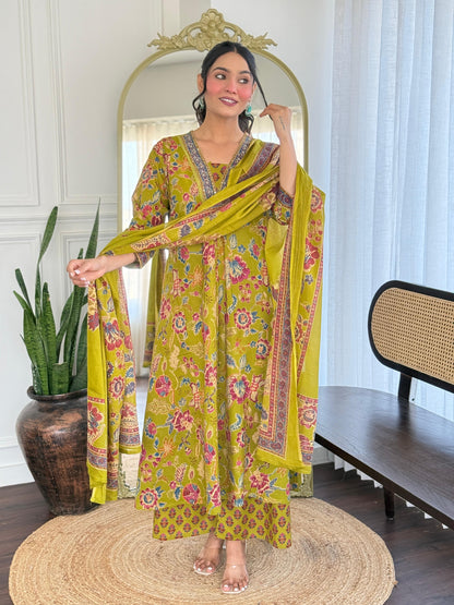 The Lady Crown – Yellow Cotton Hand Block Printed Pant Set with Embroidery & Dupatta (A-Line, Summer Wear)