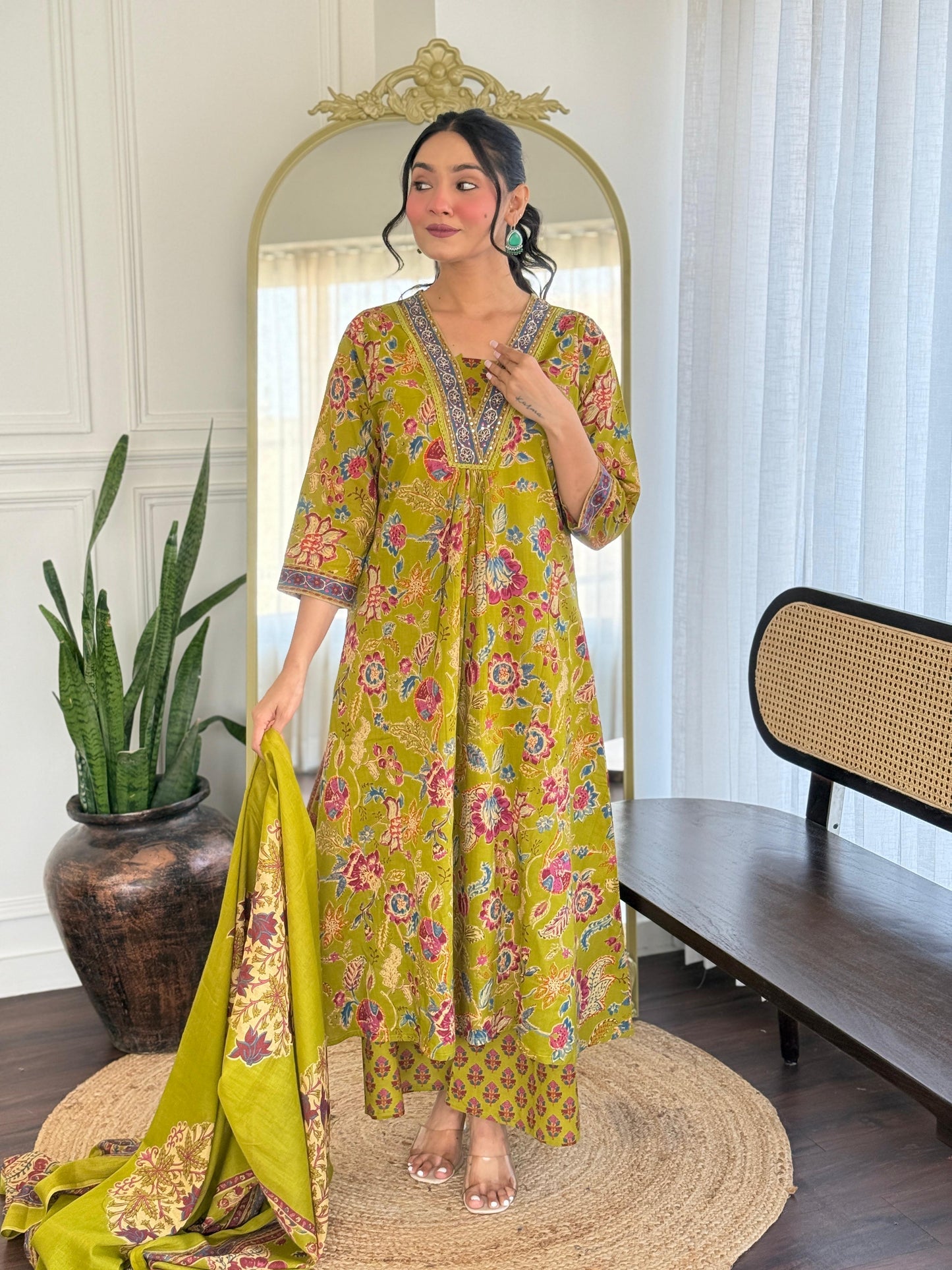 The Lady Crown – Yellow Cotton Hand Block Printed Pant Set with Embroidery & Dupatta (A-Line, Summer Wear)