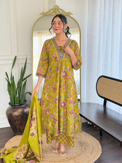 The Lady Crown – Yellow Cotton Hand Block Printed Pant Set with Embroidery & Dupatta (A-Line, Summer Wear)
