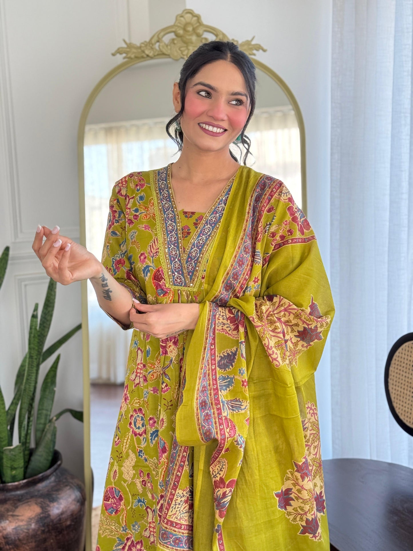 The Lady Crown – Yellow Cotton Hand Block Printed Pant Set with Embroidery & Dupatta (A-Line, Summer Wear)
