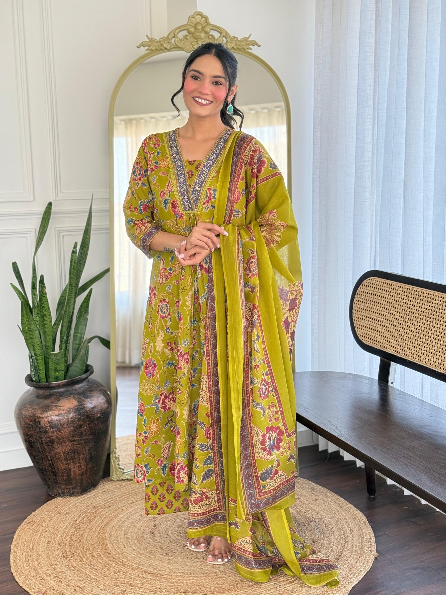 The Lady Crown – Yellow Cotton Hand Block Printed Pant Set with Embroidery & Dupatta (A-Line, Summer Wear)