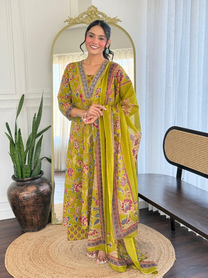 The Lady Crown – Yellow Cotton Hand Block Printed Pant Set with Embroidery & Dupatta (A-Line, Summer Wear)