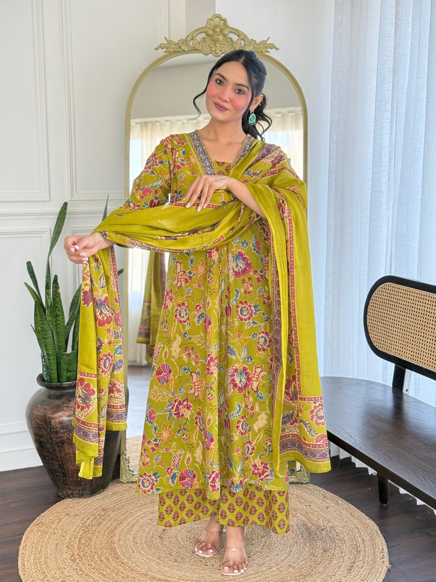 The Lady Crown – Yellow Cotton Hand Block Printed Pant Set with Embroidery & Dupatta (A-Line, Summer Wear)